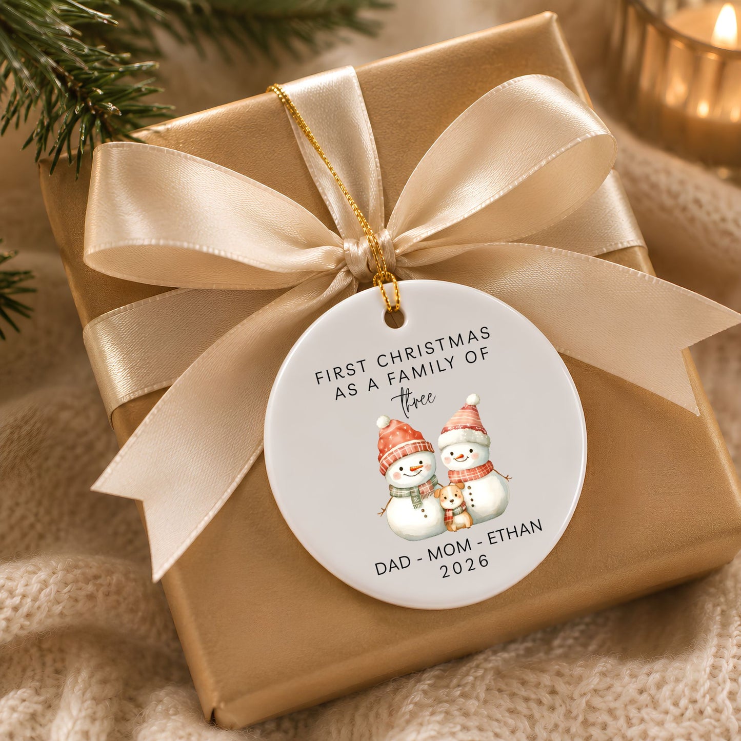 First Christmas as a Dog Family of Three Ceramic Ornament| Personalized Snowman Family - BACHGEARS