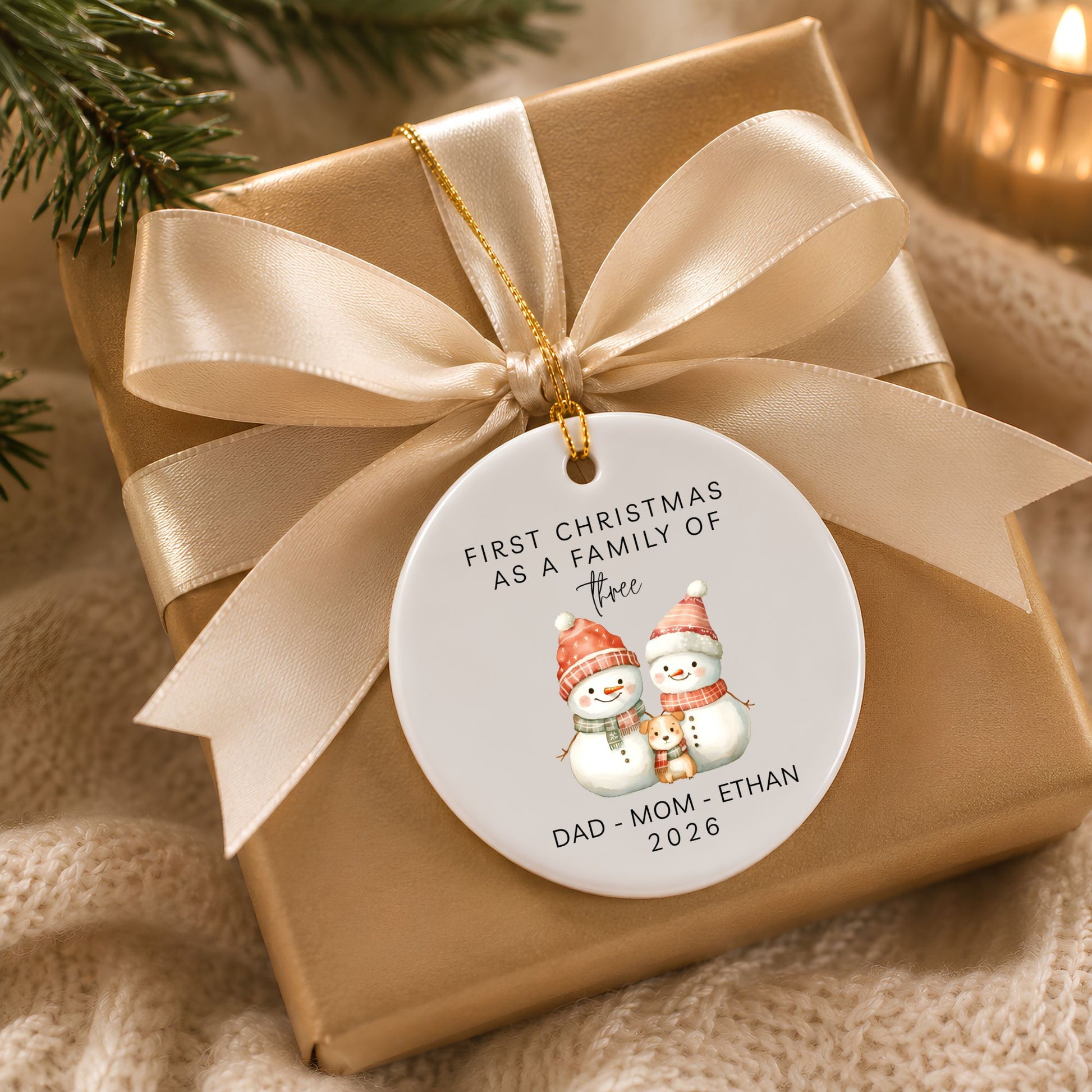First Christmas as a Dog Family of Three Ceramic Ornament| Personalized Snowman Family - BACHGEARS