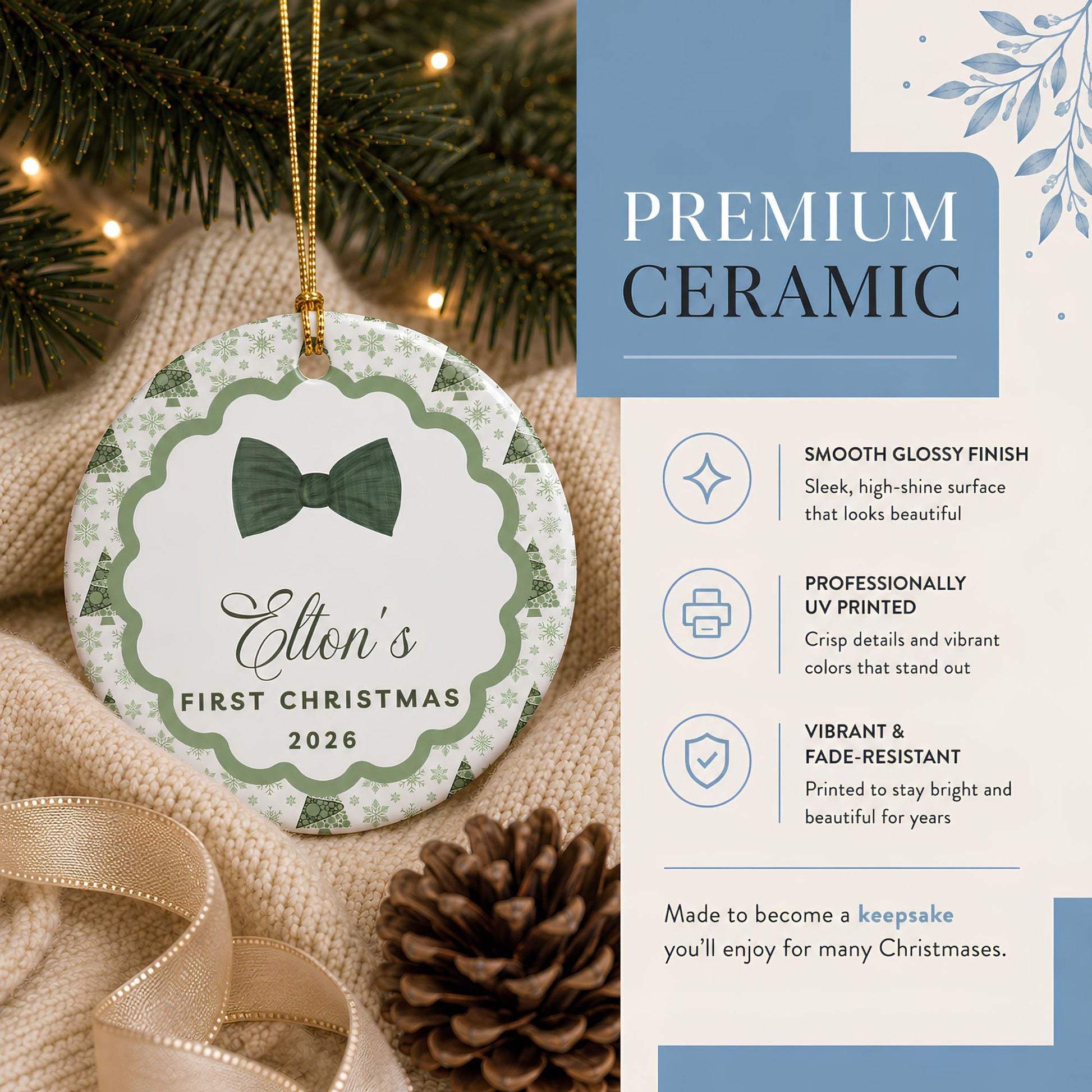 Baby Boy's First Christmas Personalized Ceramic Ornament - BACHGEARS
