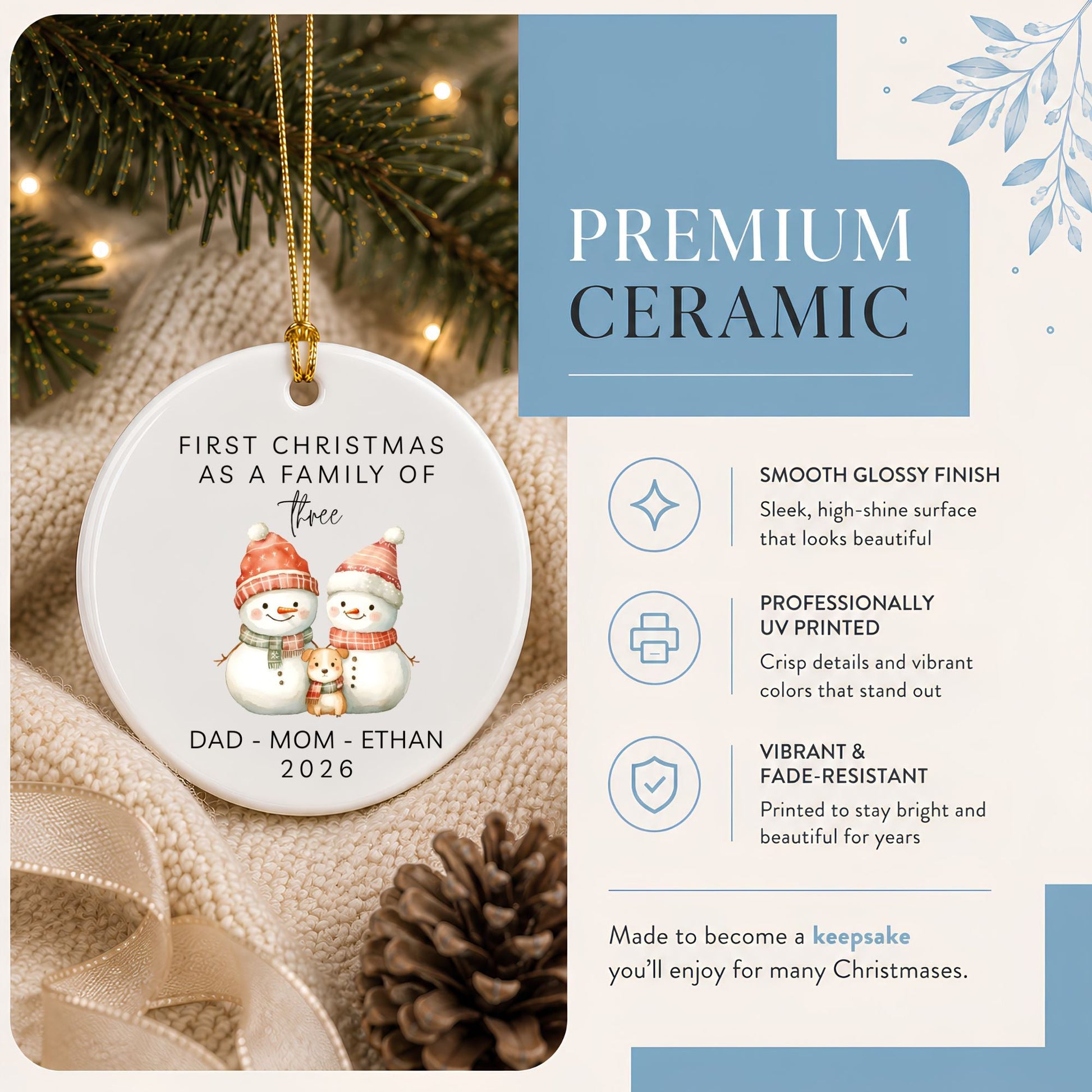 First Christmas as a Dog Family of Three Ceramic Ornament| Personalized Snowman Family - BACHGEARS
