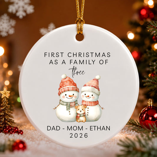 First Christmas as a Dog Family of Three Ceramic Ornament| Personalized Snowman Family - BACHGEARS