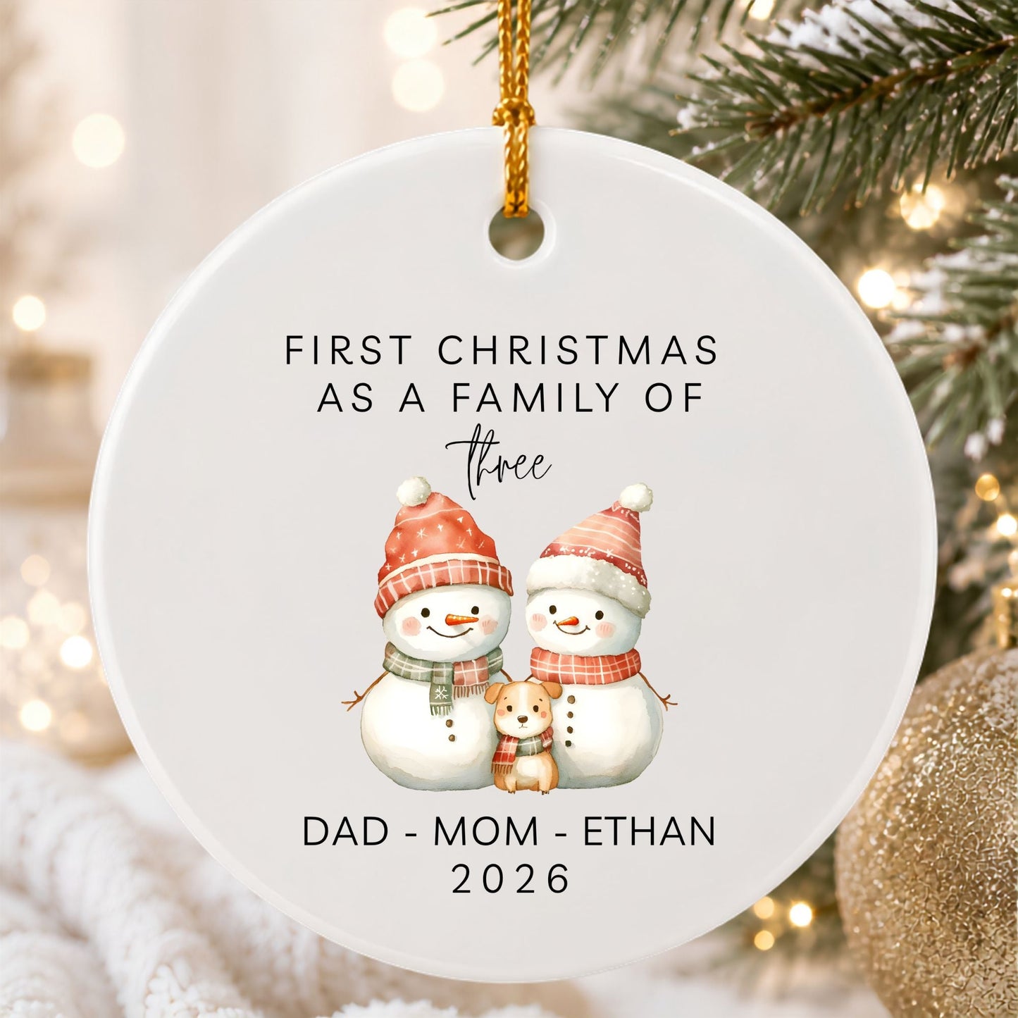 First Christmas as a Dog Family of Three Ceramic Ornament| Personalized Snowman Family - BACHGEARS
