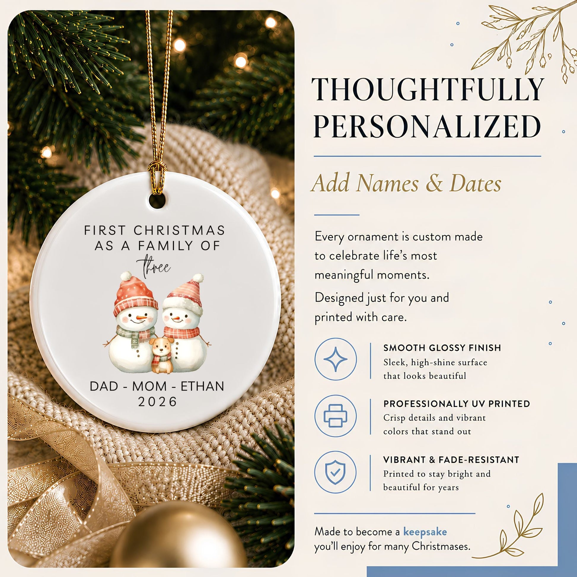 First Christmas as a Dog Family of Three Ceramic Ornament| Personalized Snowman Family - BACHGEARS
