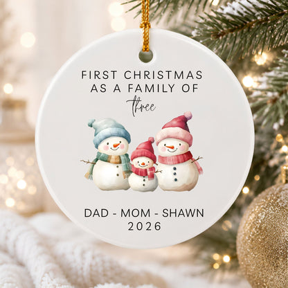 First Christmas as a Family of Three Ceramic Ornament | Personalized Snowman Family - BACHGEARS