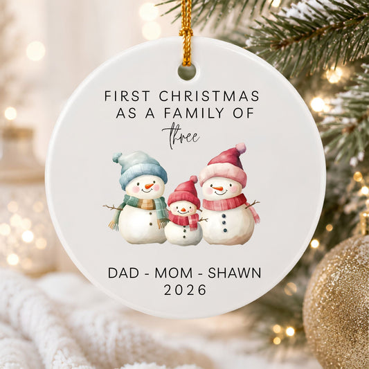 First Christmas as a Family of Three Ceramic Ornament | Personalized Snowman Family - BACHGEARS