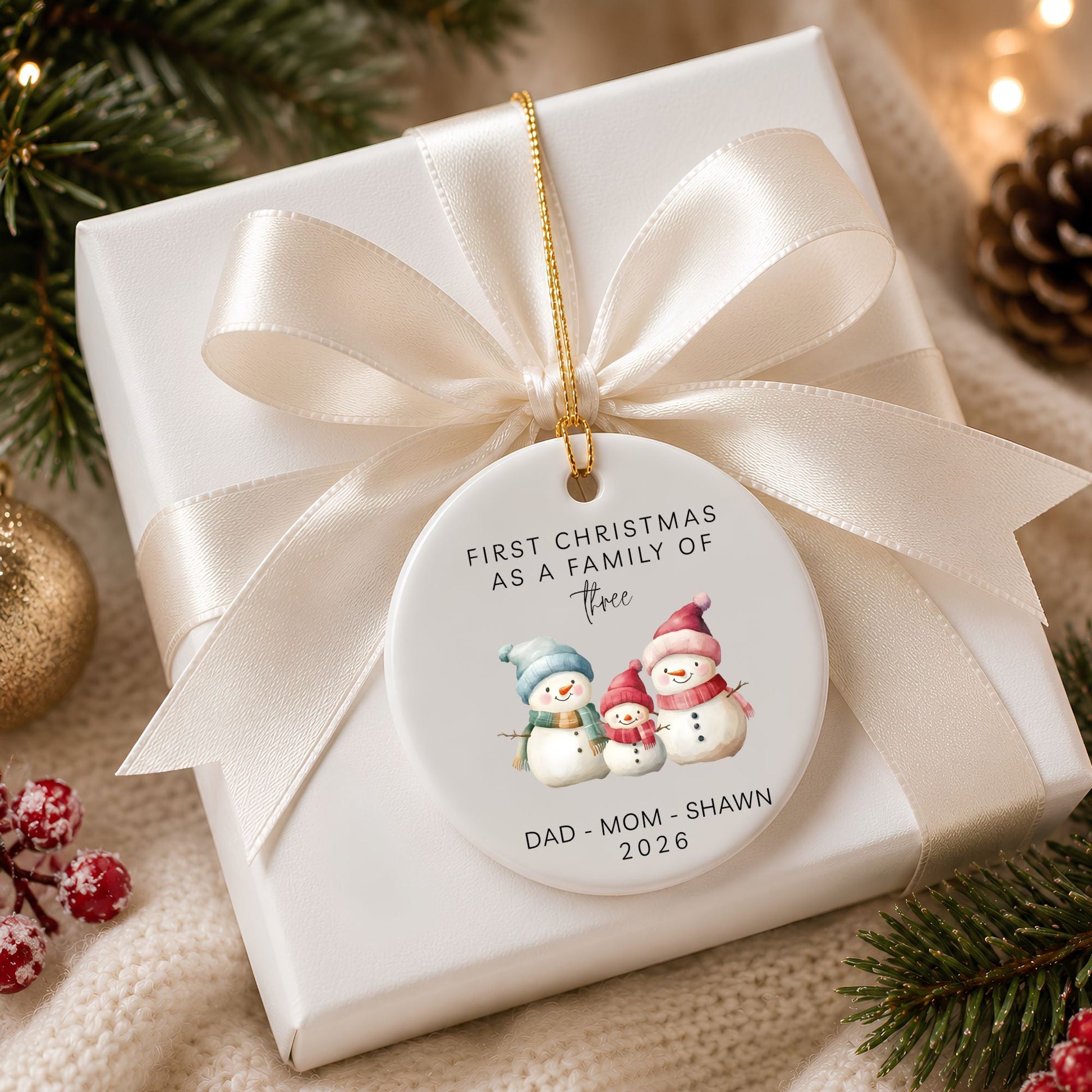First Christmas as a Family of Three Ceramic Ornament | Personalized Snowman Family - BACHGEARS