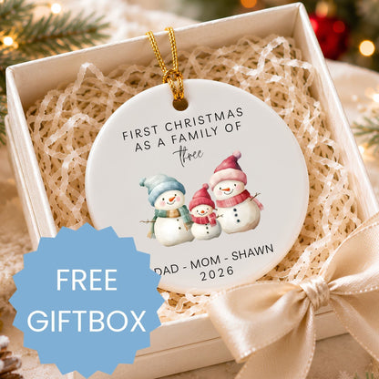 First Christmas as a Family of Three Ceramic Ornament | Personalized Snowman Family - BACHGEARS