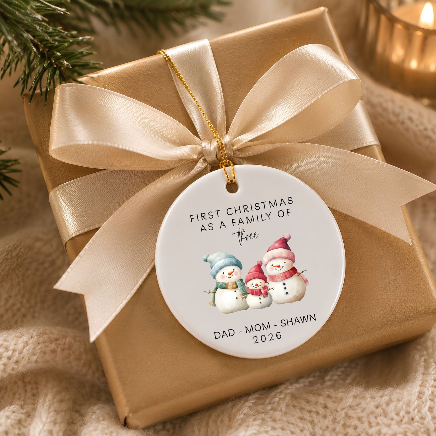 First Christmas as a Family of Three Ceramic Ornament | Personalized Snowman Family - BACHGEARS