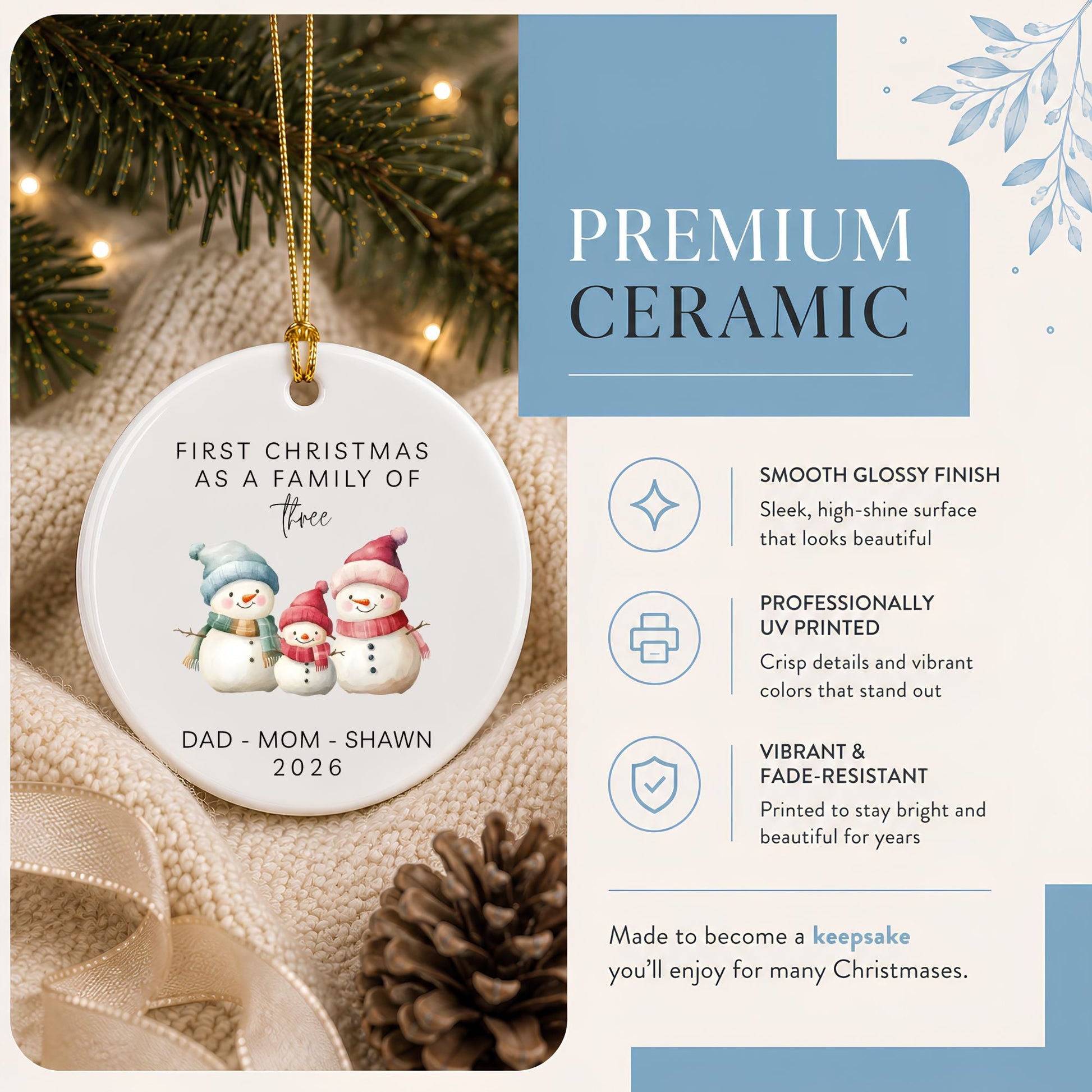First Christmas as a Family of Three Ceramic Ornament | Personalized Snowman Family - BACHGEARS