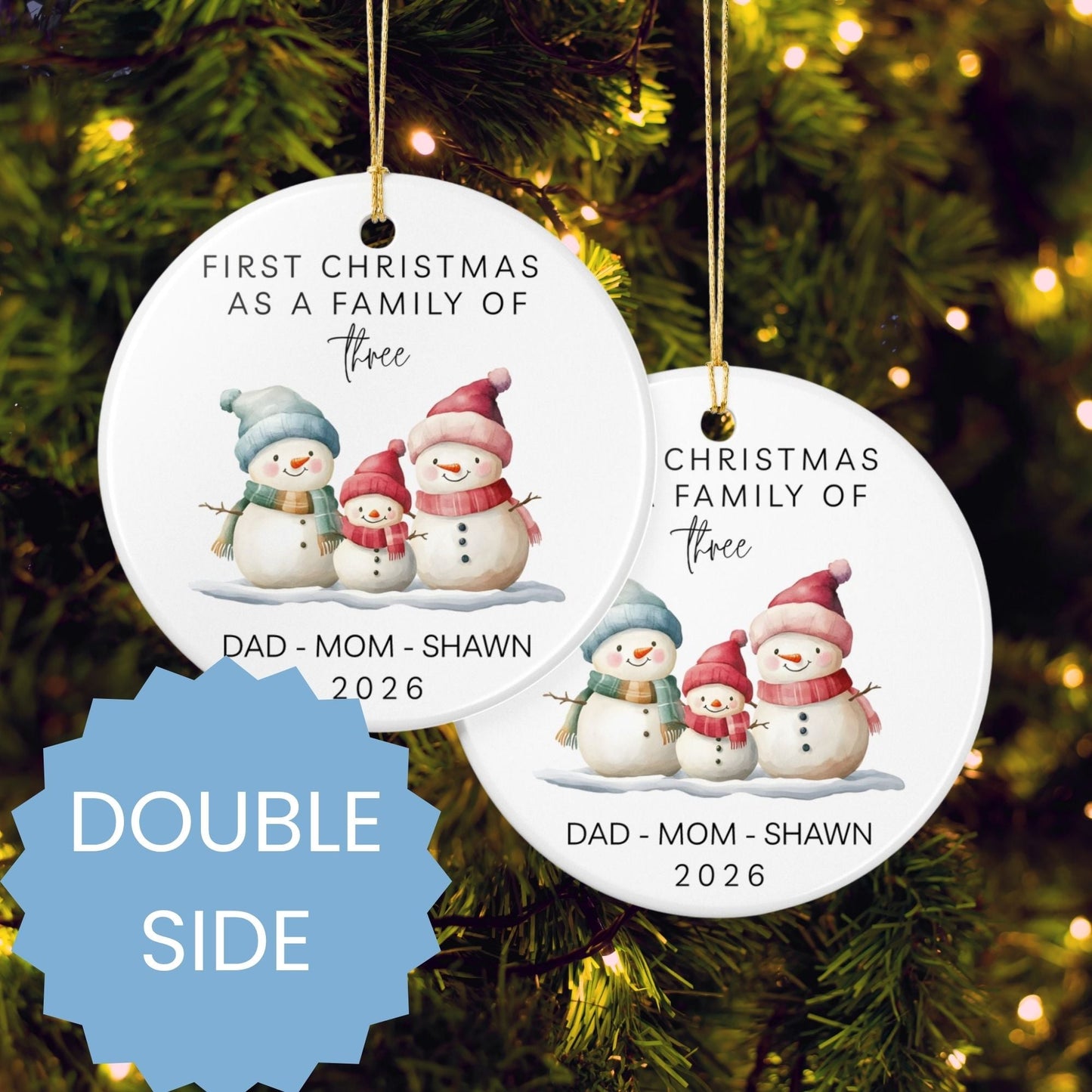 First Christmas as a Family of Three Ceramic Ornament | Personalized Snowman Family - BACHGEARS