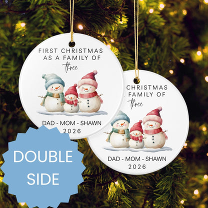 First Christmas as a Family of Three Ceramic Ornament | Personalized Snowman Family - BACHGEARS