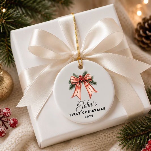 Personalized Bow & Pine Cone Ceramic Ornament - BACHGEARS