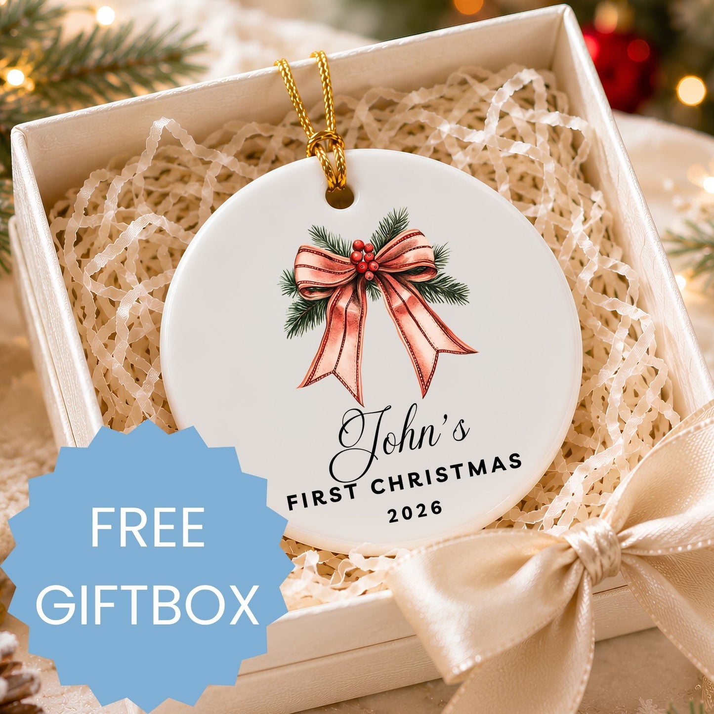 Personalized Bow & Pine Cone Ceramic Ornament - BACHGEARS