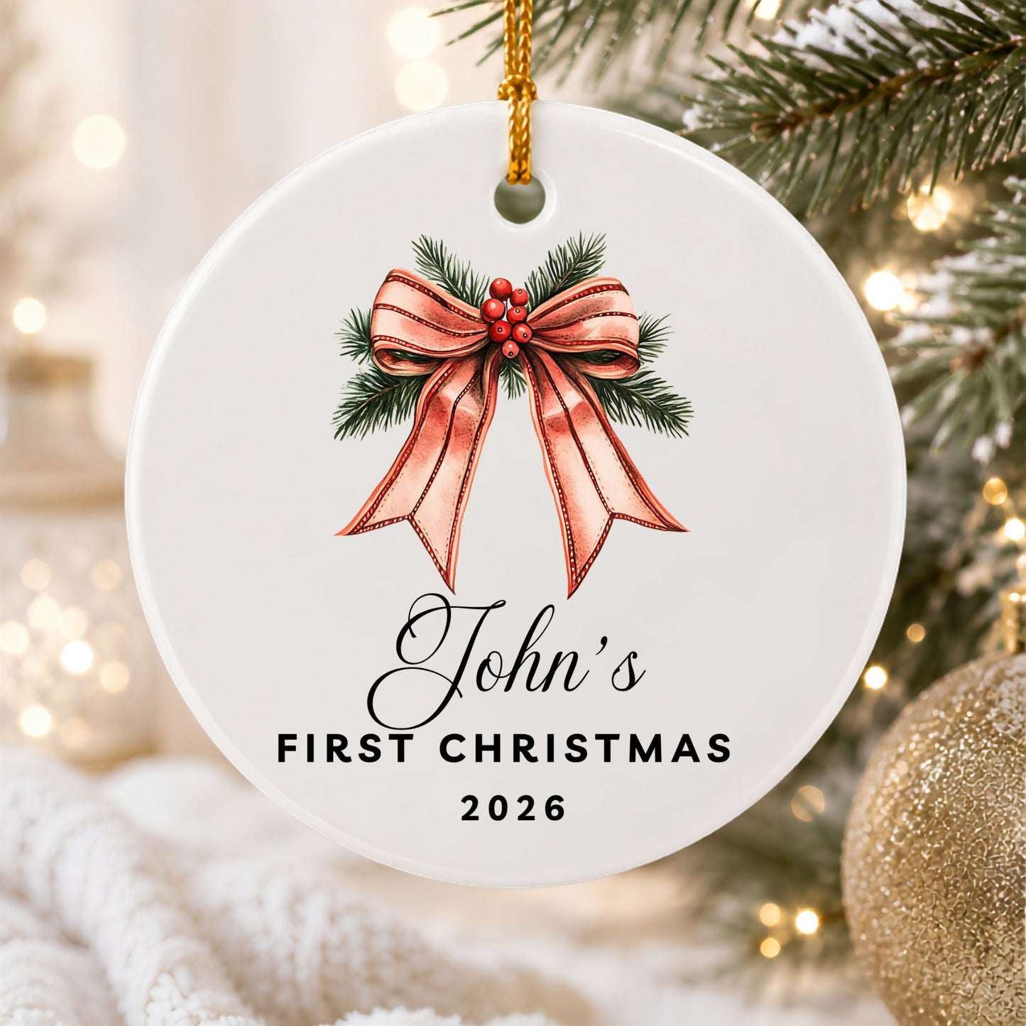 Personalized Bow & Pine Cone Ceramic Ornament - BACHGEARS