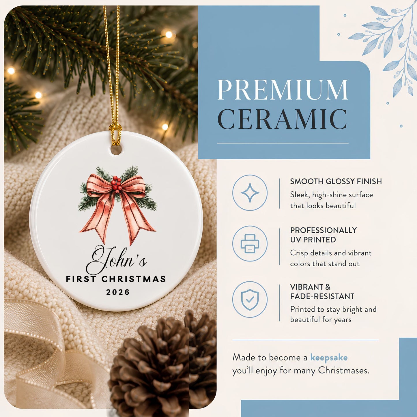 Personalized Bow & Pine Cone Ceramic Ornament - BACHGEARS