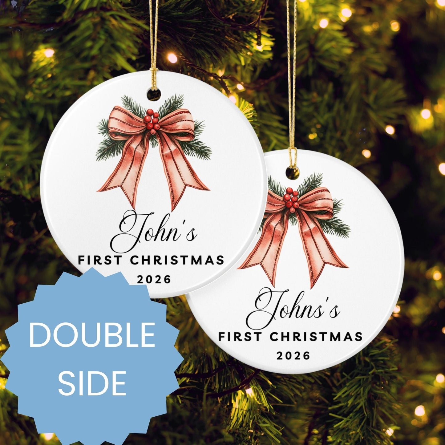 Personalized Bow & Pine Cone Ceramic Ornament - BACHGEARS