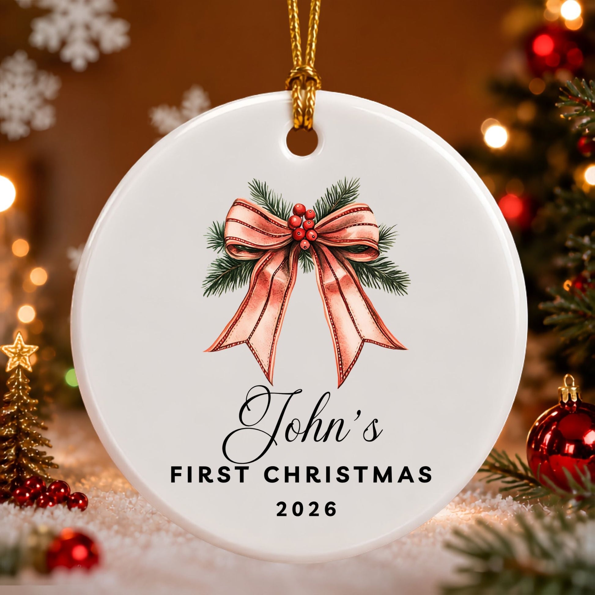 Personalized Bow & Pine Cone Ceramic Ornament - BACHGEARS