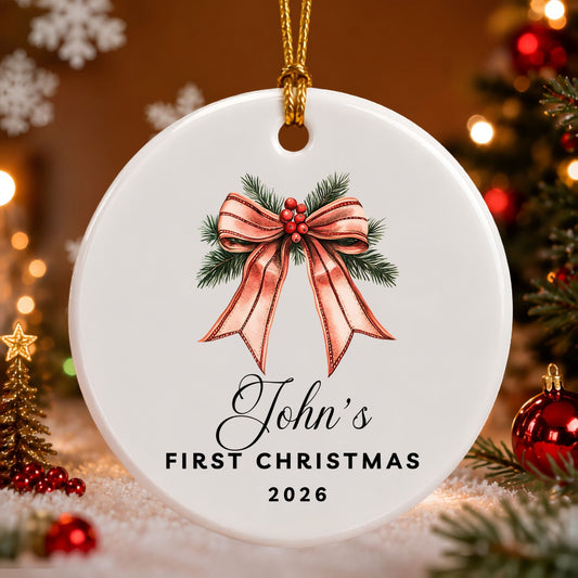 Personalized Bow & Pine Cone Ceramic Ornament - BACHGEARS