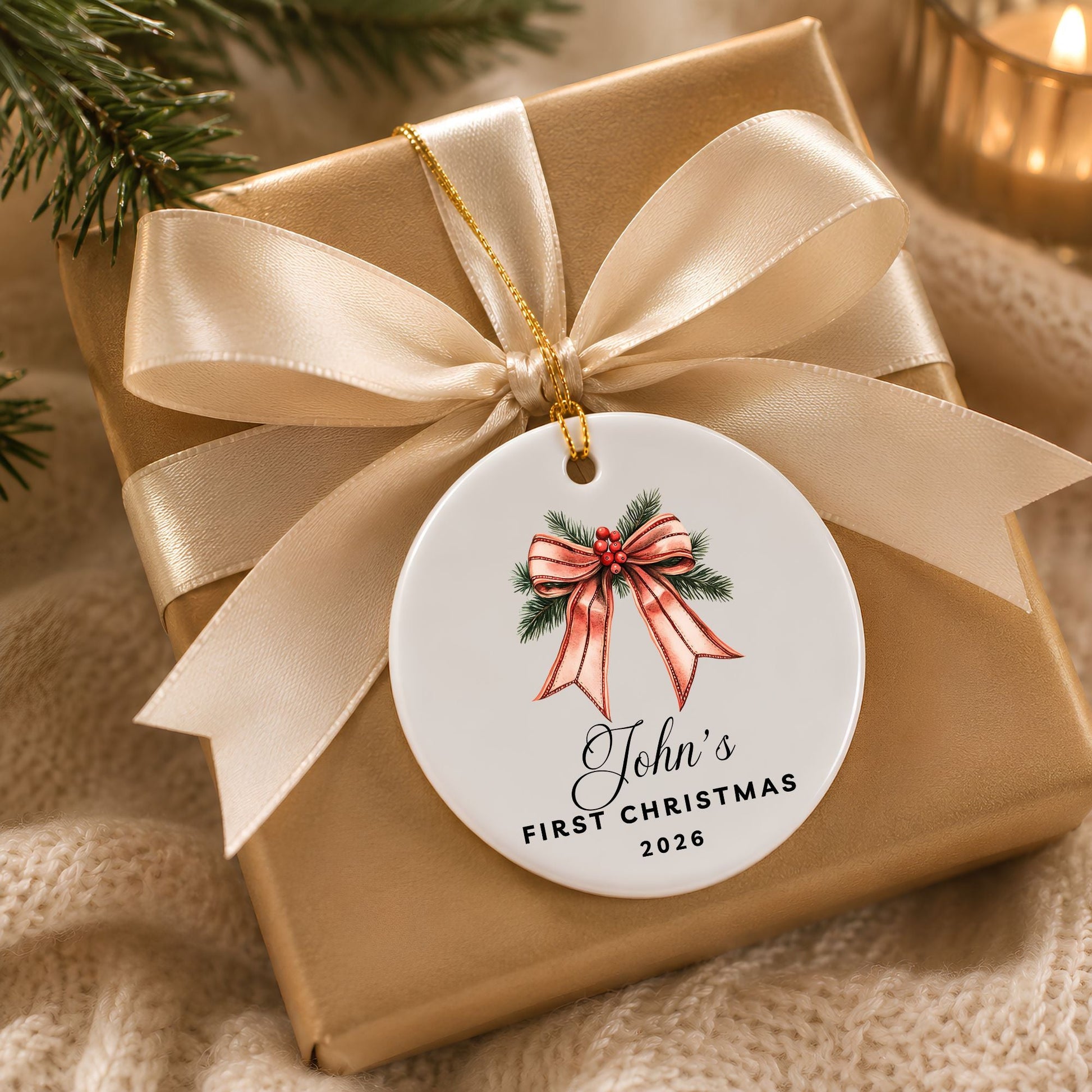 Personalized Bow & Pine Cone Ceramic Ornament - BACHGEARS
